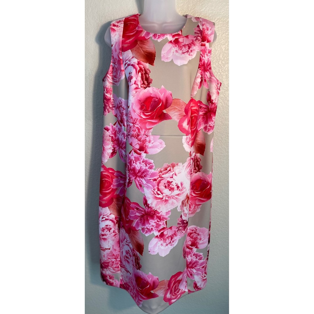 Calvin Klein Womens 14W Sheath Dress Pink Tan Floral Scuba Rose Sleeveless Chic